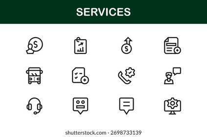 Modern Services Line Icon Collection – Clean Vector Symbols for Technology, Communication, and Solutions
