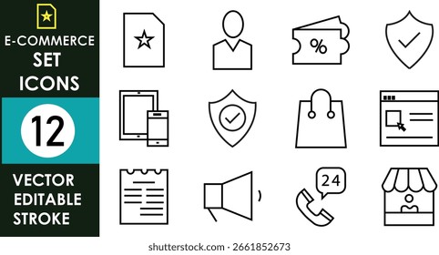 A modern set of 12 editable stroke e-commerce icons in minimalist black outline style, featuring carts, delivery, payments, tags, support, gifts, call