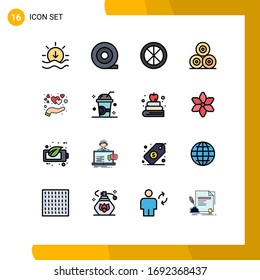 Modern Set of 16 Flat Color Filled Lines Pictograph of drink; heart; window; hand; village Editable Creative Vector Design Elements