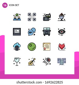 Modern Set of 16 Flat Color Filled Lines and symbols such as text; screen; photography; sweet; ice cream Editable Creative Vector Design Elements