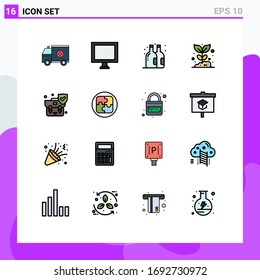 Modern Set of 16 Flat Color Filled Lines Pictograph of insurance; plant; beer; nature; farming Editable Creative Vector Design Elements