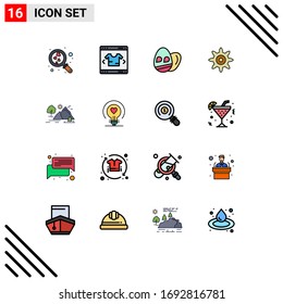 Modernes Set von 16 flachen, farbigen Linien, Fotografien der Sonne; Natur; Ei; Landschaft; Design-Elemente für kreative Vektorillustration mit Schaltgetriebe