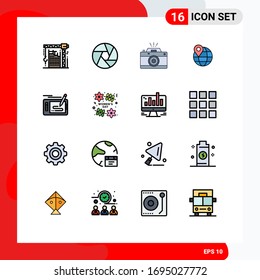 Modernes Set von 16 flachen, farbigen Linien-Abbildungen des Internets; Karte; Foto; Standort; Bildbearbeitbare Design-Elemente für kreative Vektorillustration