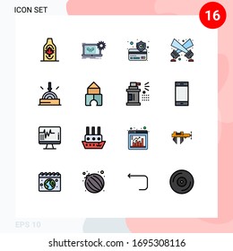 Modern Set of 16 Flat Color Filled Lines Pictograph of business; spotlight; engineering; floodlight; secure Editable Creative Vector Design Elements