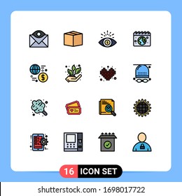 Modern Set of 16 Flat Color Filled Lines Pictograph of global; currency; business; day; globe Editable Creative Vector Design Elements