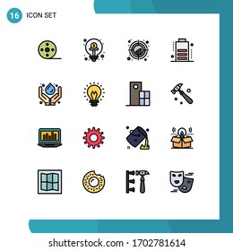 Modern Set of 16 Flat Color Filled Lines and symbols such as care; charge; idea; battery; target Editable Creative Vector Design Elements
