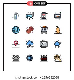 Modern Set of 16 Flat Color Filled Lines and symbols such as internet; world; mobile; tape; audio cassette Editable Creative Vector Design Elements