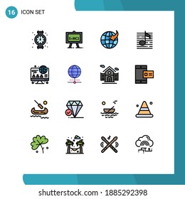 Conjunto moderno de 16 líneas llenas de color plano y símbolos como en línea; medios de comunicación; flecha; sonido; elementos de diseño de vectores creativos editables de música