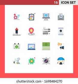 Modernes Set von 16 Flachfarben, Bild von gut; Arbeit; Seo-Analyse; E-Mail;  Bearbeitbares Paket mit Design-Elementen für kreative Vektorillustration