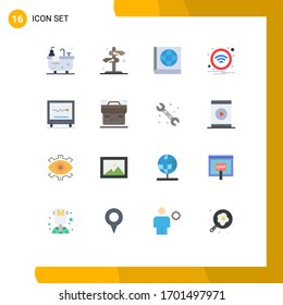 Modern Set of 16 Flat Colors Pictograph of heartbeat; cardiology; map; cardiogram; wireless Editable Pack of Creative Vector Design Elements