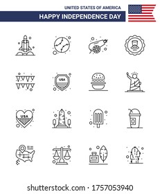 Conjunto moderno de 16 líneas y símbolos en el Día de la Independencia de Estados Unidos, como festival; signo; unida; bebida; elementos de diseño de vectores de USA Day editables por arma