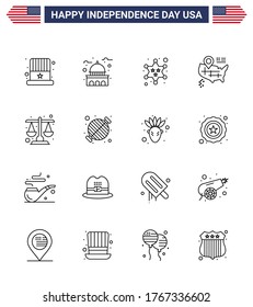 Modern Set of 16 Lines and symbols on USA Independence Day such as justice; american; white; map; star Editable USA Day Vector Design Elements