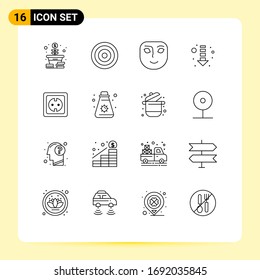 Modern Set of 16 Outlines Pictograph of plug; electrical; emotion; down; arrow Editable Vector Design Elements