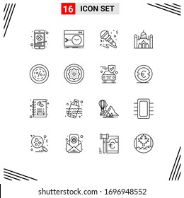 Modern Set of 16 Outlines Pictograph of lalbagh; bangladesh; terminal; aurangabad fort; music Editable Vector Design Elements