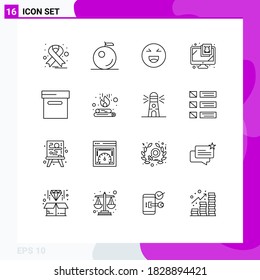 Modern Set of 16 Outlines Pictograph of fire; campfire; happy; box; virus Editable Vector Design Elements