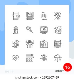 Modern Set of 16 Outlines and symbols such as lighthouse; wireless; web builder; wifi; sweet Editable Vector Design Elements