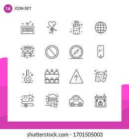 Modern Set of 16 Outlines and symbols such as face; ineternet; bottle; map; world Editable Vector Design Elements