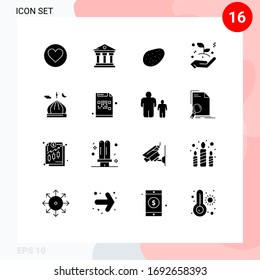 Modern Set of 16 Solid Glyphs and symbols such as moon; masjid; patato; mosque; hand Editable Vector Design Elements