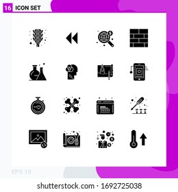 Modernes Set mit 16 festen Glyphen, Abbild des Kolben; Strategie; Suche; Layout; Bausteine-Layout Bearbeitbare Vektorillustration-Design-Elemente