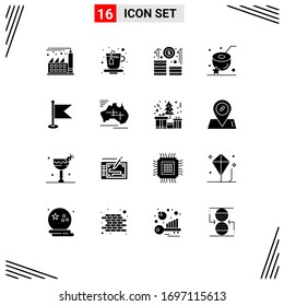 Modern Set of 16 Solid Glyphs Pictograph of world; location; growth; flag; food Editable Vector Design Elements