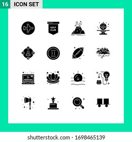 Modern Set of 16 Solid Glyphs and symbols such as cake; sweet; sport; safety; volcano Editable Vector Design Elements