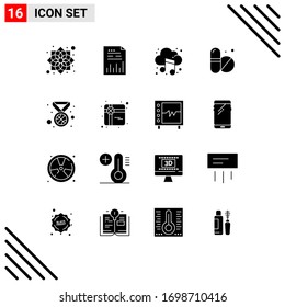 Modern Set of 16 Solid Glyphs and symbols such as medal; tablet; graph; pills; sound Editable Vector Design Elements