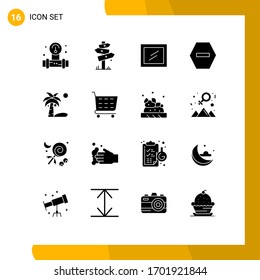 Modern Set of 16 Solid Glyphs and symbols such as summer; coconut; label; beach; denied Editable Vector Design Elements