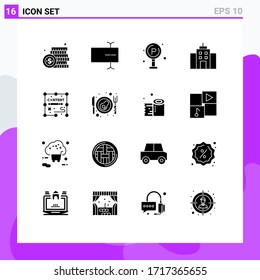 Modern Set of 16 Solid Glyphs Pictograph of documents; interface; city; office; building Editable Vector Design Elements