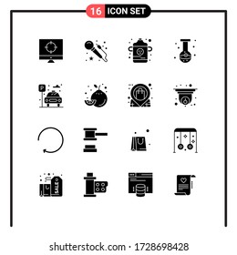 Conjunto moderno de 16 imágenes de glifos sólidos del coche; ciudad; botella; matraz; Elementos de diseño de vectores modificables químicamente
