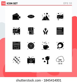 Modernes Set von 16 Solid-Glyphen, Aufnahmen von blauen Aufnahmen; Duschseife; mobil; Badeseife; Bearbeitbare Vectordesign-Elemente