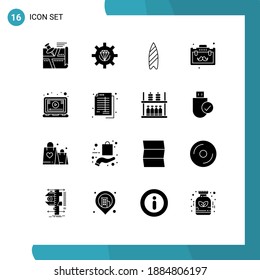 Modern Set of 16 Solid Glyphs Pictograph of travel; business; process; briefcase; surfboard Editable Vector Design Elements