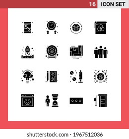Modern Set of 16 Solid Glyphs and symbols such as start; launching; earth; fly; poster Editable Vector Design Elements