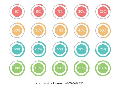 A modern set of 20 colorful circular progress bar icons displaying percentage values from 5% to 100%. Perfect for UI design, infographics, dashboards, and presentations.