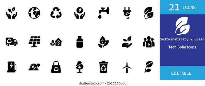 A modern set of 21 solid black sustainability icons featuring eco energy, recycling, green tech, clean water, solar power, and more. Perfect for eco-friendly apps,  websites, and branding.