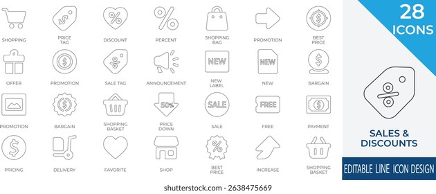A modern set of 24 line icons representing sales, discounts, tags, shopping, and promotional offers. Perfect for e-commerce, marketing materials, and digital storefronts.