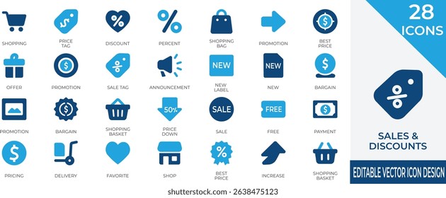 A modern set of 24 vector icons representing sales, discounts, tags, shopping, and promotional offers. Perfect for e-commerce, marketing materials, and digital storefronts.