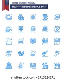 Modern Set of 25 Blues and symbols on USA Independence Day such as star; shield; police; usa; drink Editable USA Day Vector Design Elements