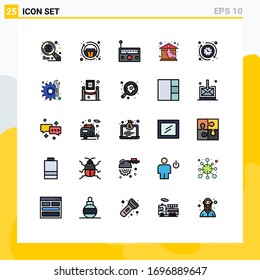 Modern Set of 25 Filled line Flat Colors Pictograph of clock; roof; device; real estate; home Editable Vector Design Elements