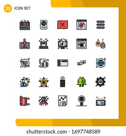 Conjunto moderno de 25 colores planos de línea rellenados y símbolos como la tarea; sitio web; piscina; programación; colocar elementos de diseño de vectores editables