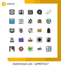 Modern Set of 25 Filled line Flat Colors Pictograph of meteor; asteroid; show; filmmaking; clapper Editable Vector Design Elements