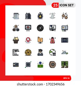 Modern Set of 25 Filled line Flat Colors Pictograph of decoration; bulb; concentration; update; hot Editable Vector Design Elements