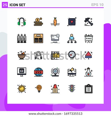 Modern Set of 25 Filled line Flat Colors Pictograph of tool; construction; food; full; arrow Editable Vector Design Elements