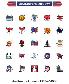 Modern Set of 25 Flat Filled Lines and symbols on USA Independence Day such as balloons; frankfurter; drink; food; american Editable USA Day Vector Design Elements