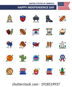 Modern Set of 25 Flat Filled Lines and symbols on USA Independence Day such as bottle; hotdog; celebration; american; boot Editable USA Day Vector Design Elements