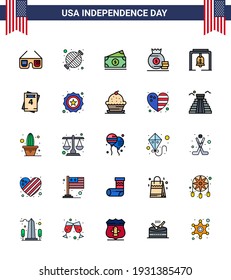 Modernes Set von 25 Flat Filled Lines und Symbolen am Unabhängigkeitstag der USA, wie Alarm; Geld; Partei; Beutel; usa Bearbeitbar USA Day Vector Design Elements