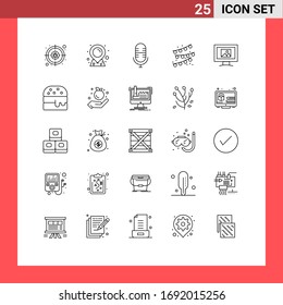 Modern Set of 25 Lines and symbols such as food; photo; mic; screen; party bulb Editable Vector Design Elements