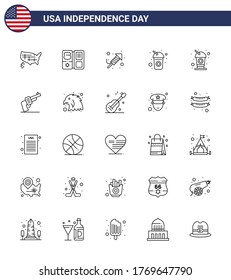 Conjunto moderno de 25 líneas y símbolos en el Día de la Independencia de Estados Unidos, como mano; soda; trabajos de incendio; bebida; Elementos de diseño de vectores editables por el día de EE.UU.