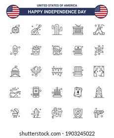 Modern Set of 25 Lines and symbols on USA Independence Day such as camp; tent free; usa; independence day; holiday Editable USA Day Vector Design Elements