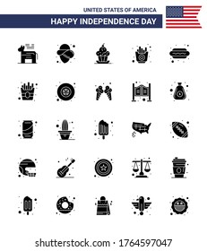 Modern Set of 25 Solid Glyph and symbols on USA Independence Day such as dog; chips; dessert; fries; fast Editable USA Day Vector Design Elements