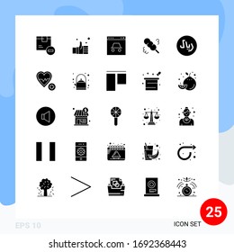Modern Set of 25 Solid Glyphs Pictograph of wash; broom; like; website; secure Editable Vector Design Elements